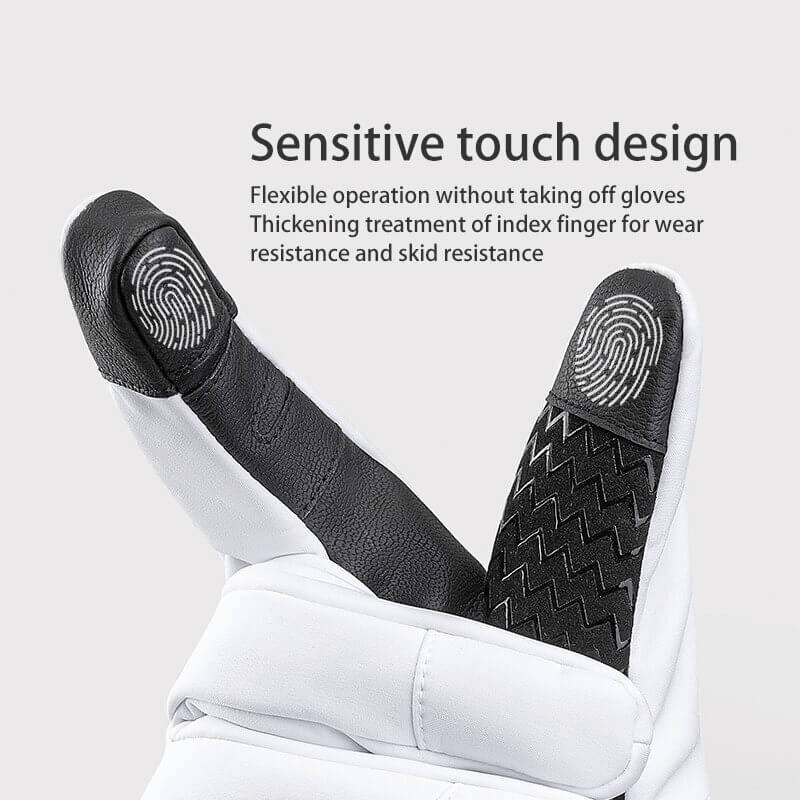 Close-up of ski gloves with black anti-slip design and touch-sensitive tips, ideal for versatile outdoor activities like skiing and riding.